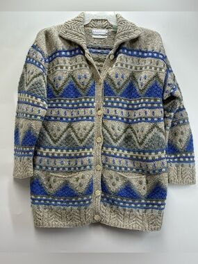 Vintage 90s Segrets Knitted By Hand Wool Cardigan Sweater Nordic Fair Isle Gray